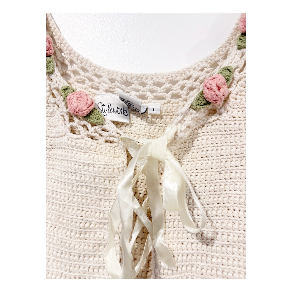 Styleworks Vintage Crochet Lace Up Tank Top Cream Floral Rose Applique Large - Picture 2 of 3